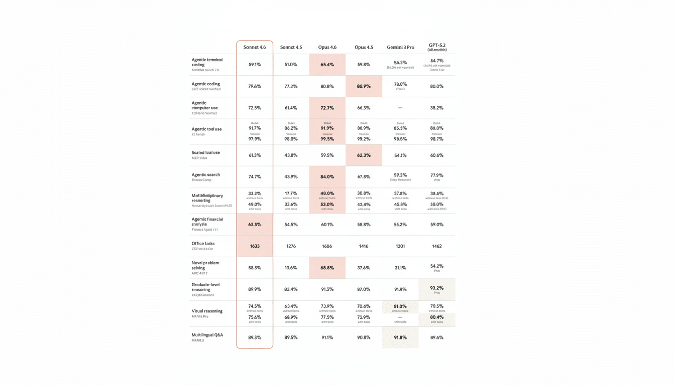 A table comparing the performance of different AI models (Sonnet 4.6, Sonnet 4.5, Opus 4.6, Opus 4.5, Gemini 1 Pro, and GPT-5.2) across various agentic tasks such as terminal coding, computer use, tool use, search, multidisciplinary reasoning, financial analysis, office tasks, novel problem-solving, graduate-level reasoning, visual reasoning, and multilingual Q&A. The table highlights percentages and numerical scores, with some cells shaded in red to indicate higher performance.