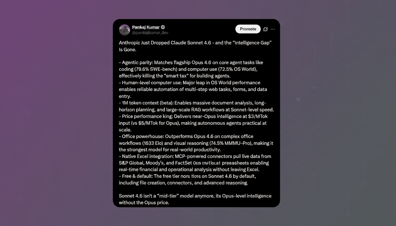 A screenshot of a tweet from Pankaj Kumar about Anthropic dropping Claude Sonnet 4.6, with a professional flat design background featuring soft patterns and gradients.