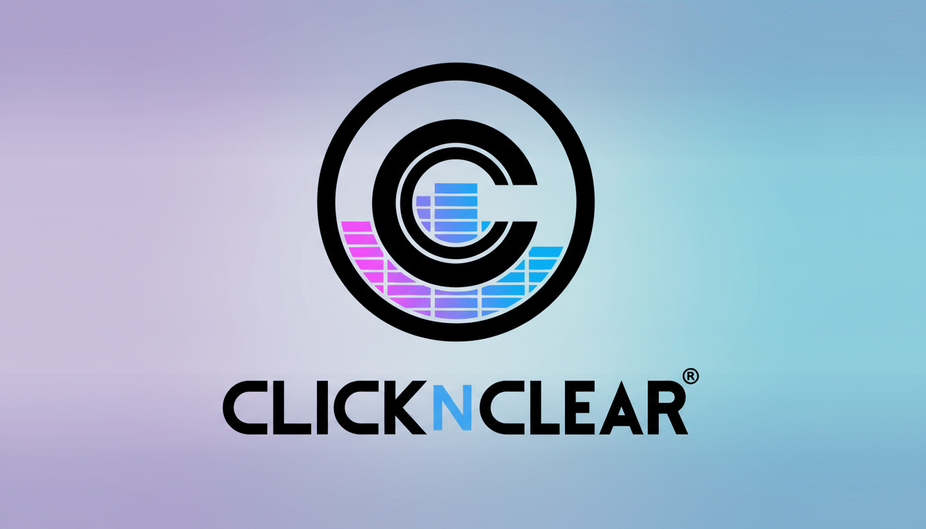 The ClickNClear logo, featuring a stylized C with sound wave bars inside, centered on a soft gradient background transitioning from light purple to light blue.
