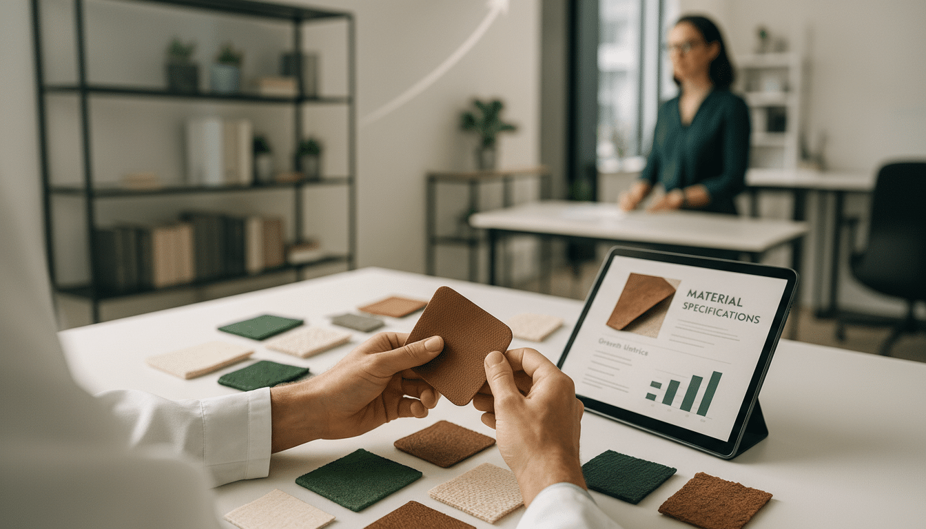 A person in a white lab coat holds a brown leather swatch, surrounded by other swatches of various colors and textures. A tablet displays MATERIAL SPECIFICATIONS with a graph, and another person is visible in the background.