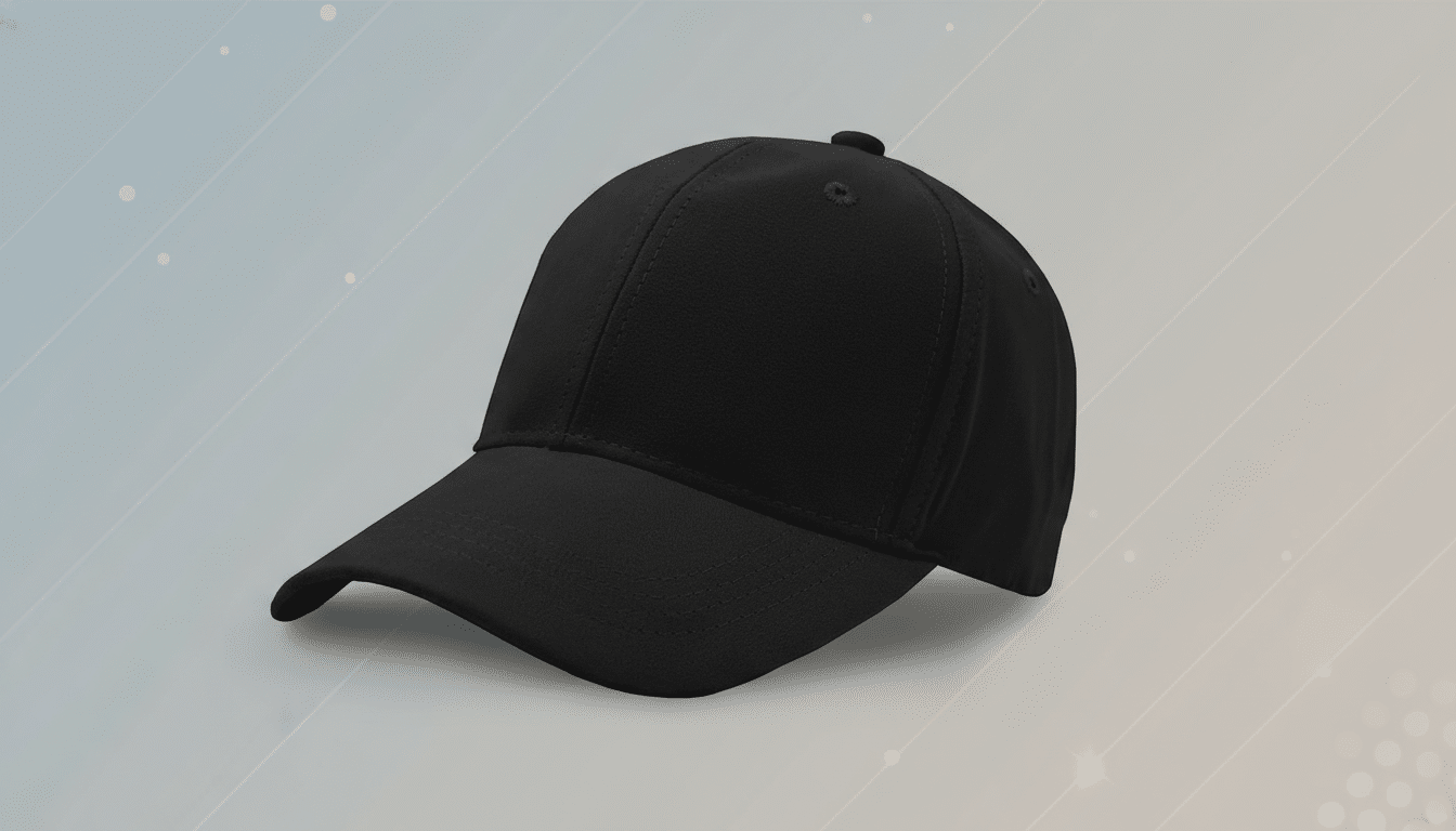 A black baseball cap is centered on a professional flat design background with soft gray and white gradients and subtle geometric patterns.