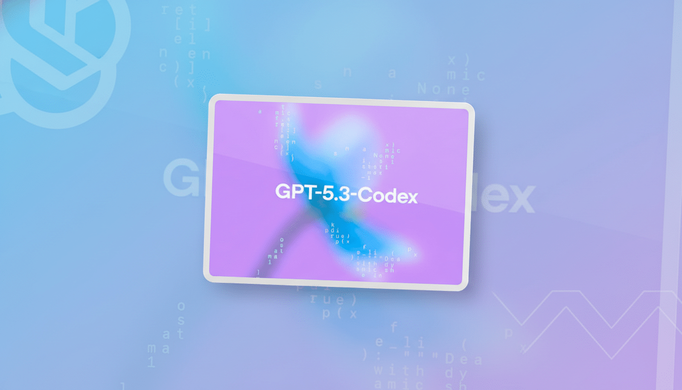 A professional, enhanced image of a tablet displaying GPT-5.3-Codex on a purple screen, set against a light blue background with subtle patterns and binary code.