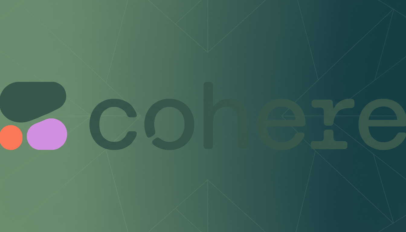 The Cohere logo, featuring a stylized abstract design in dark green, light purple, and orange, alongside the word cohere in dark green, set against a professional flat design background with soft patterns and gradients.