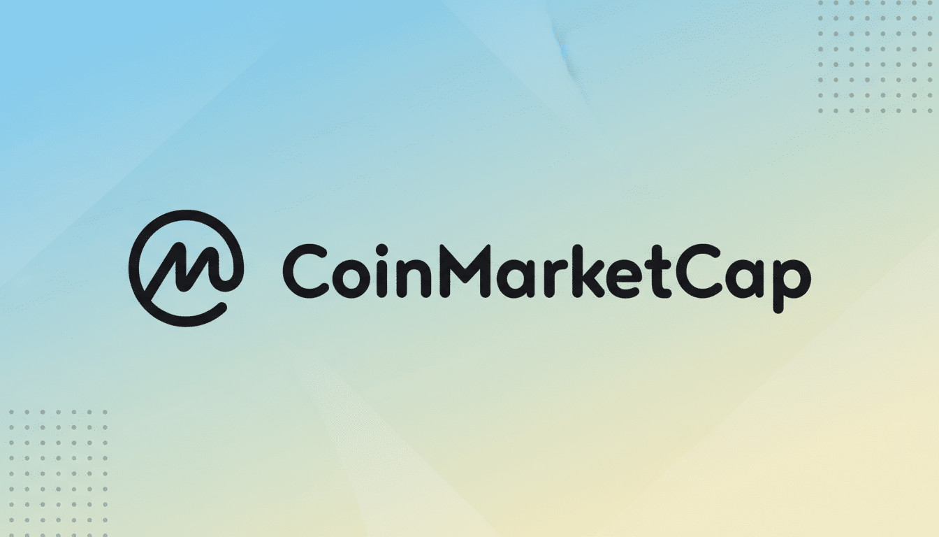 The CoinMarketCap logo, featuring a stylized M icon and the text CoinMarketCap, presented on a professional flat design background with soft blue and yellow gradients and subtle dot patterns, resized to a 16:9 aspect ratio.