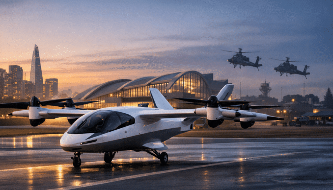 A white and black electric vertical take-off and landing (eVTOL) aircraft on a wet tarmac at dusk, with a city skyline and two helicopters in the background.