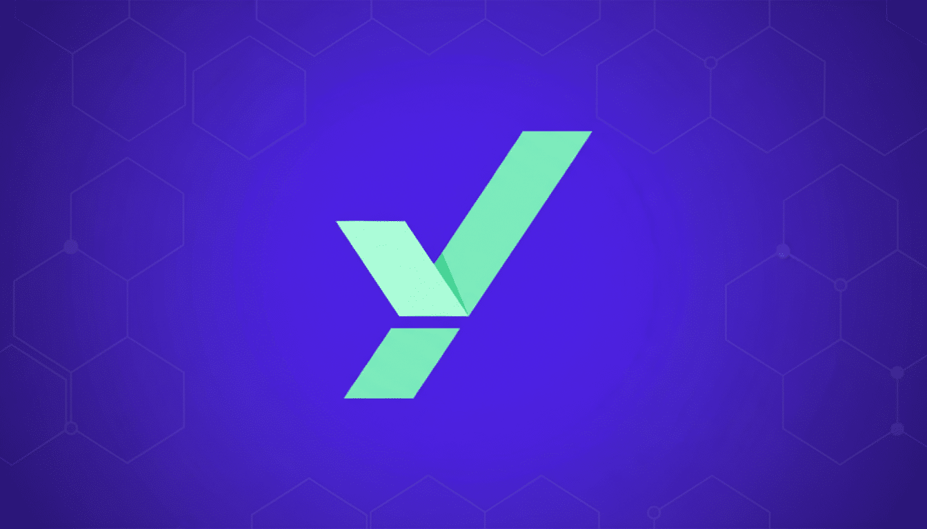 A professional 16:9 image featuring a light green stylized y or checkmark logo on a deep purple background with subtle hexagonal patterns.