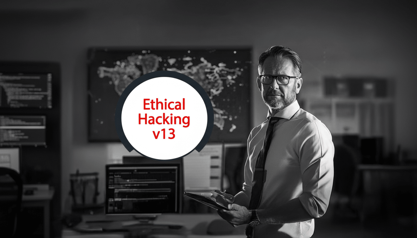 A man in a shirt and tie, wearing glasses, stands in an office setting with a tablet in his hands. A circular graphic with Ethical Hacking v13 in red text is overlaid on the image. The background features a map on a screen and other office equipment.