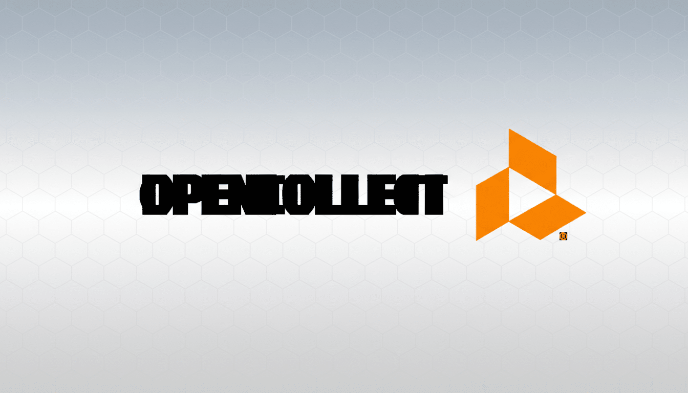 The OpenCollect logo, featuring the word OPENCOLLECT in black text next to an orange geometric symbol, presented on a professional light grey background with a subtle hexagonal pattern.