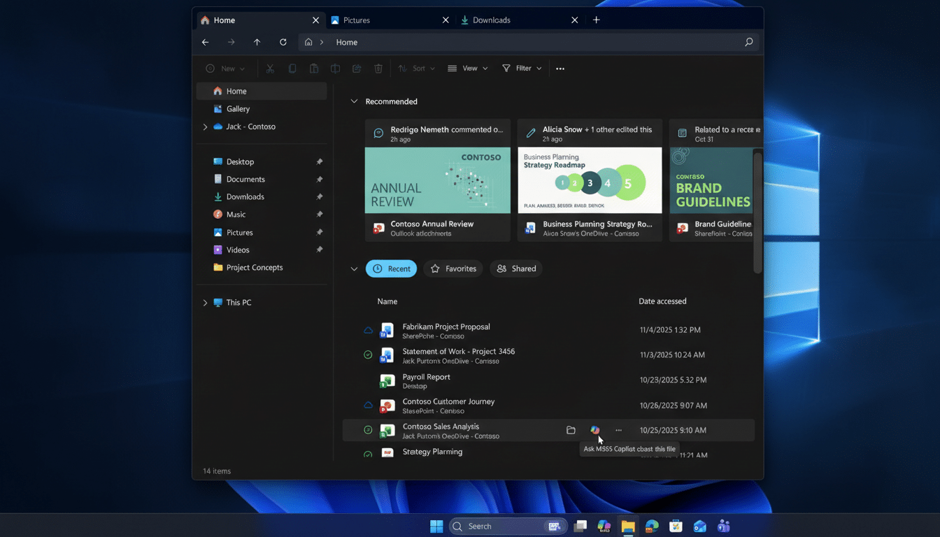 A screenshot of a Windows File Explorer window displaying a Home directory with recommended files and a list of recent documents.