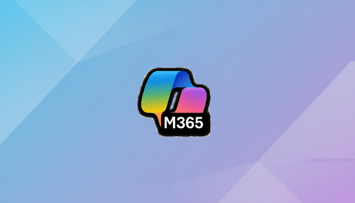 The M365 logo, featuring a colorful, flowing ribbon design with M365 in white text on a black background, centered on a professional 16:9 aspect ratio background with soft blue and purple gradients and subtle geometric patterns.