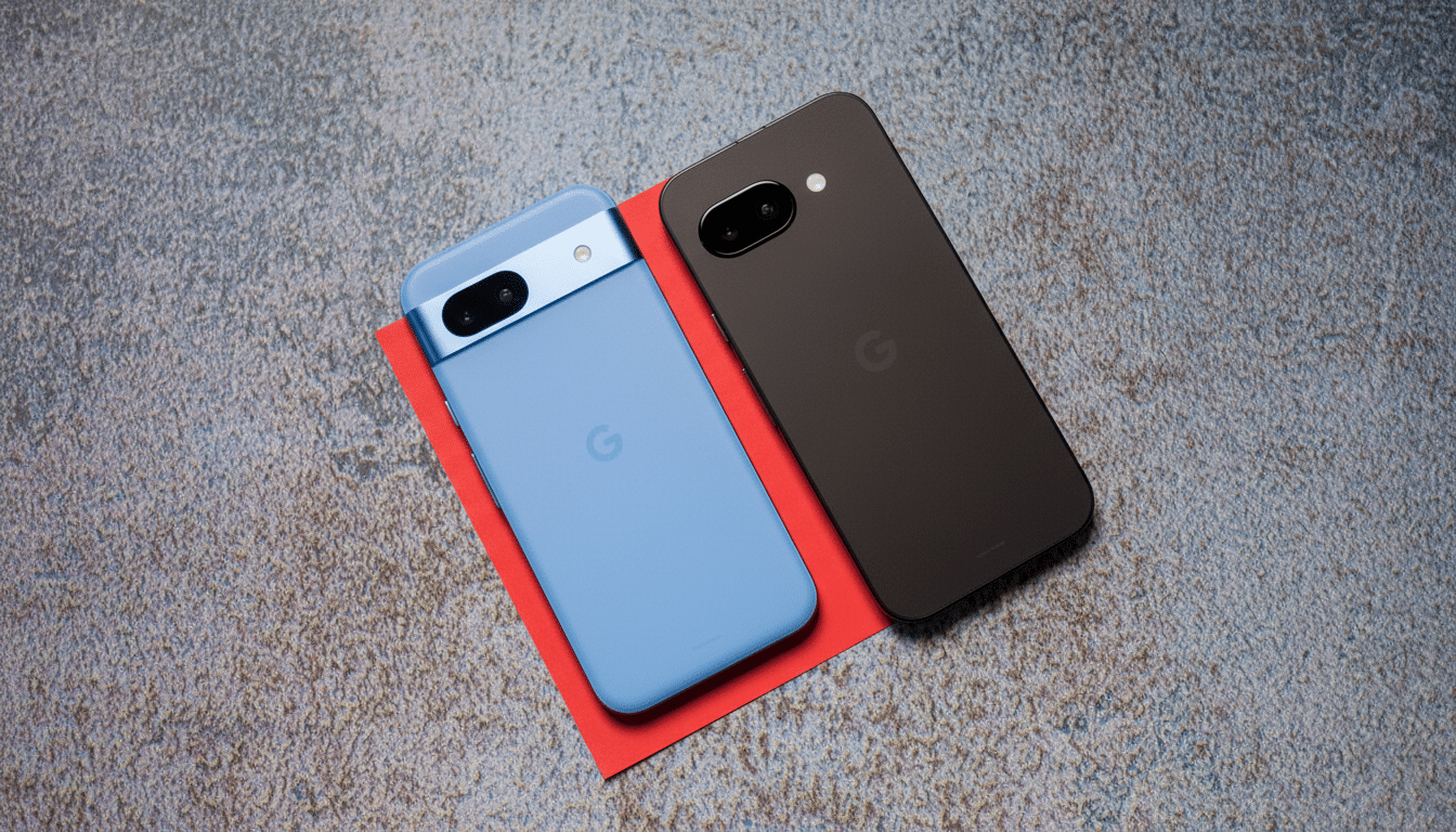 Two Google Pixel phones, one light blue and one black, are displayed on a textured gray surface with a red paper underneath.
