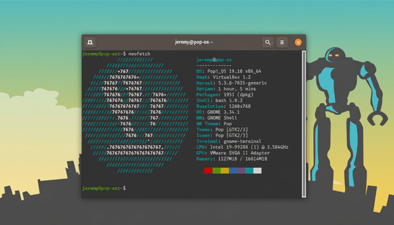 A screenshot of a Pop!OS desktop with a terminal window open, displaying system information from the neofetch command. The background features a stylized robot and a landscape.