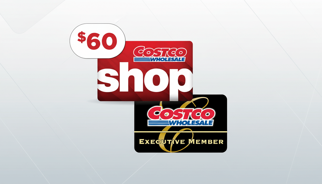 A 16:9 aspect ratio image featuring a Costco shop gift card for $60 and a Costco Executive Member card, both presented on a professional flat design background with soft patterns.