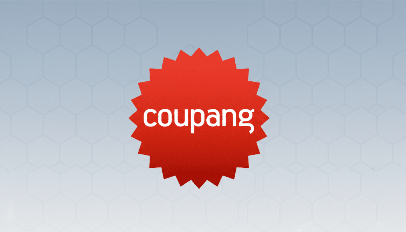 The Coupang logo, a white coupang text on a red starburst shape, centered on a professional 16:9 background with a subtle light blue gradient and a faint hexagonal pattern.