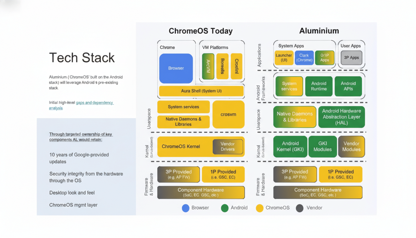 A technical diagram comparing the ChromeOS Today and Aluminium tech stacks, showing various layers from firmware to applications, with components color-coded by ownership (Browser, Android, ChromeOS, Vendor).