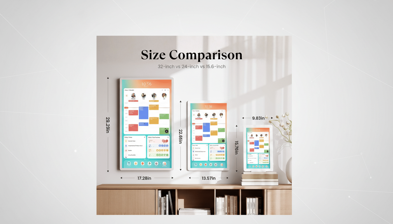 An image comparing three different sizes of tablets, labeled 32-inch, 24-inch, and 15.6-inch, displayed on a wooden cabinet with books.
