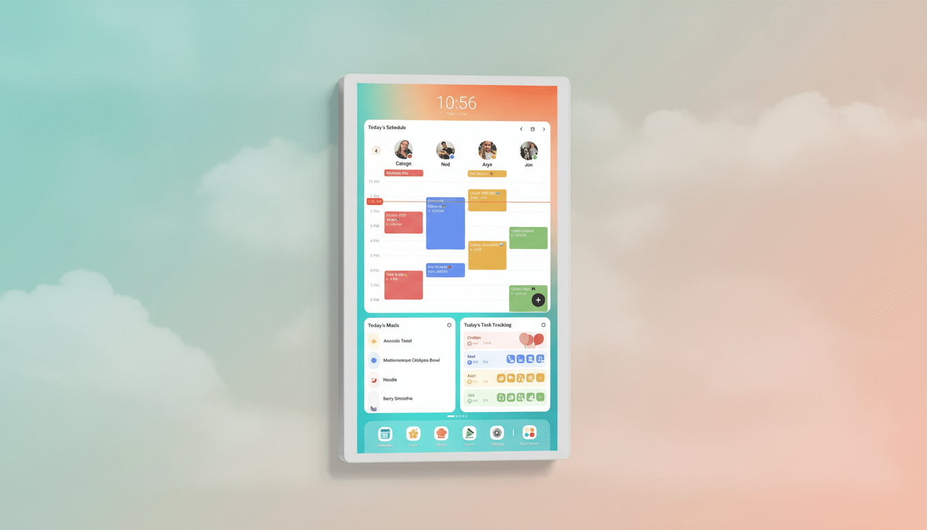 A tablet displaying a schedule, meal plan, and task tracking application, set against a soft, gradient background.