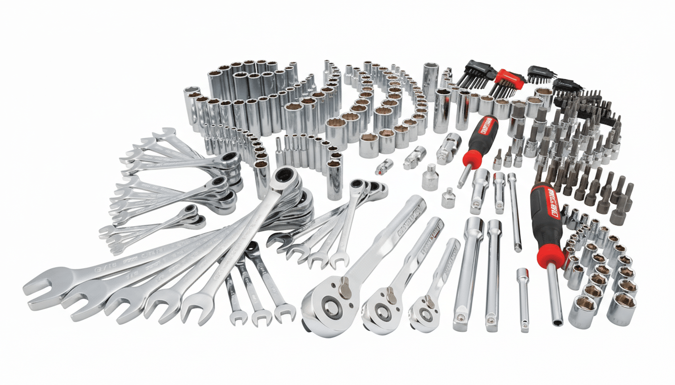 A large collection of various chrome-plated hand tools, including wrenches, sockets, ratchets, and screwdrivers, neatly arranged on a white background.