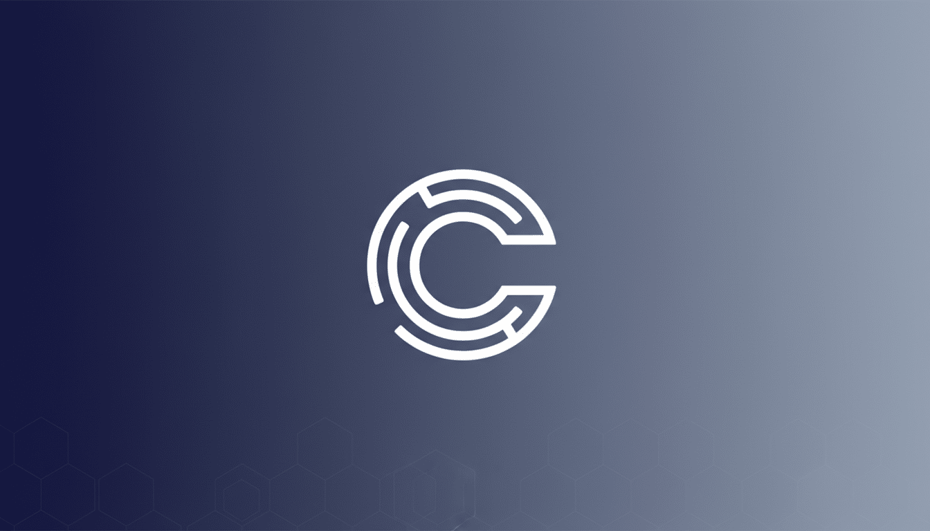 A white stylized letter C logo, designed with a maze-like pattern, centered on a professional 16:9 aspect ratio background. The background features a subtle gradient from dark blue to light blue, with a faint hexagonal pattern in the lower right corner.