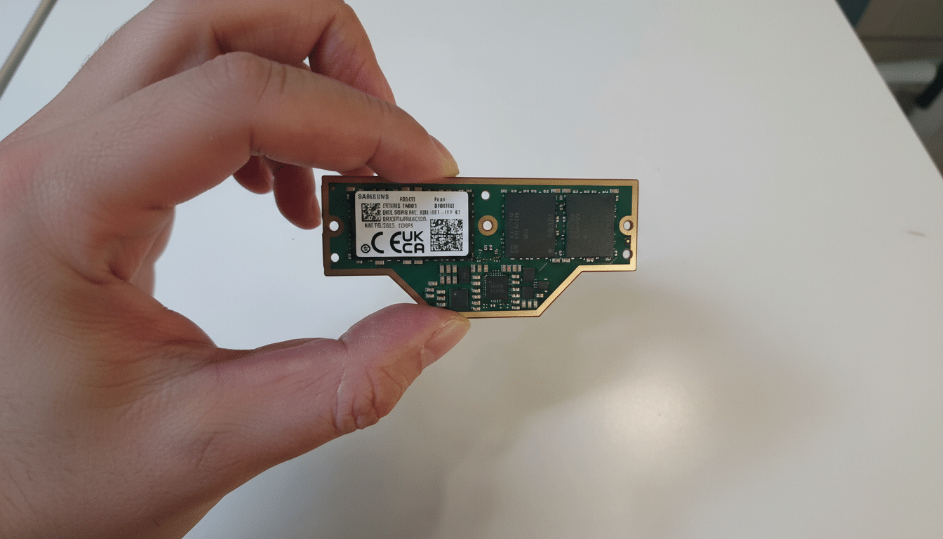 A hand holding a Samsung 96GB 9600MT/s double 96 LPCAMM2 memory module.