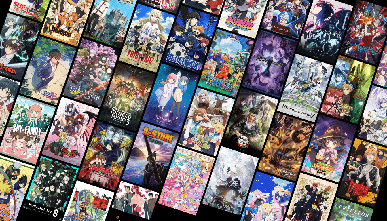 A collage of various anime posters and covers, arranged in a grid-like pattern with some overlap, showcasing a wide range of anime titles and characters.