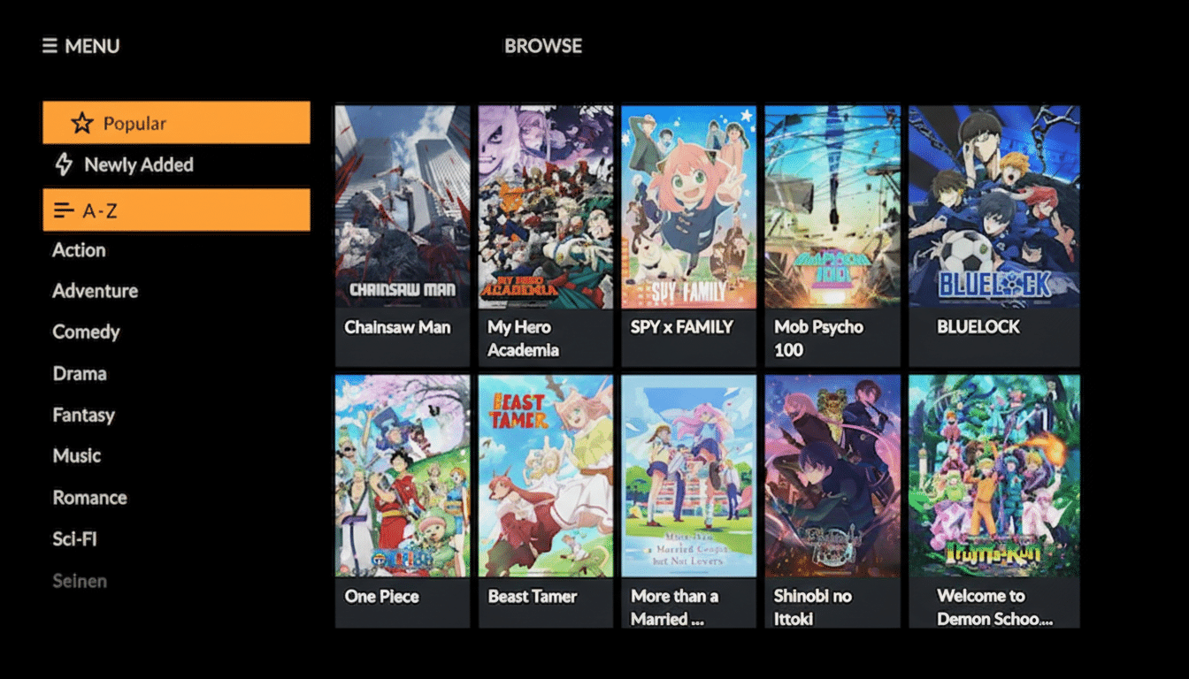 A screenshot of a streaming service interface displaying various anime titles, including Chainsaw Man, My Hero Academia, SPY x FAMILY, and BLUE LOCK, with a menu on the left side.