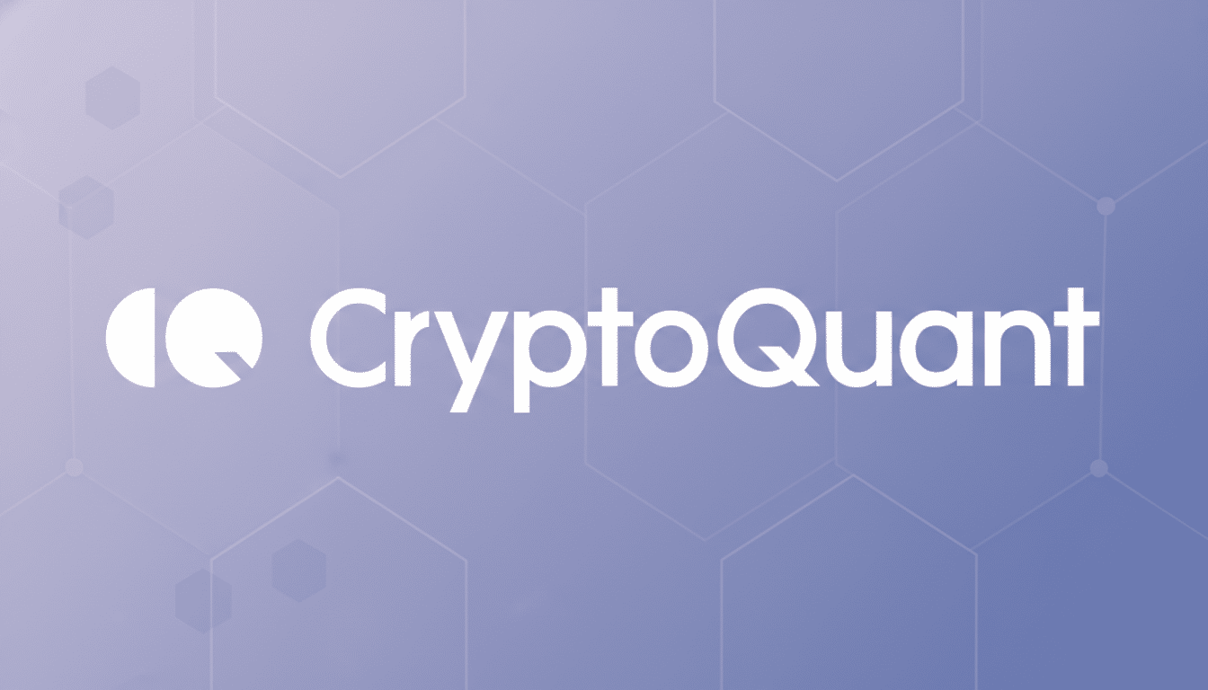 The CryptoQuant logo, featuring white text and an abstract icon, set against a professional 16:9 aspect ratio background with a subtle hexagonal pattern and a soft purple gradient.