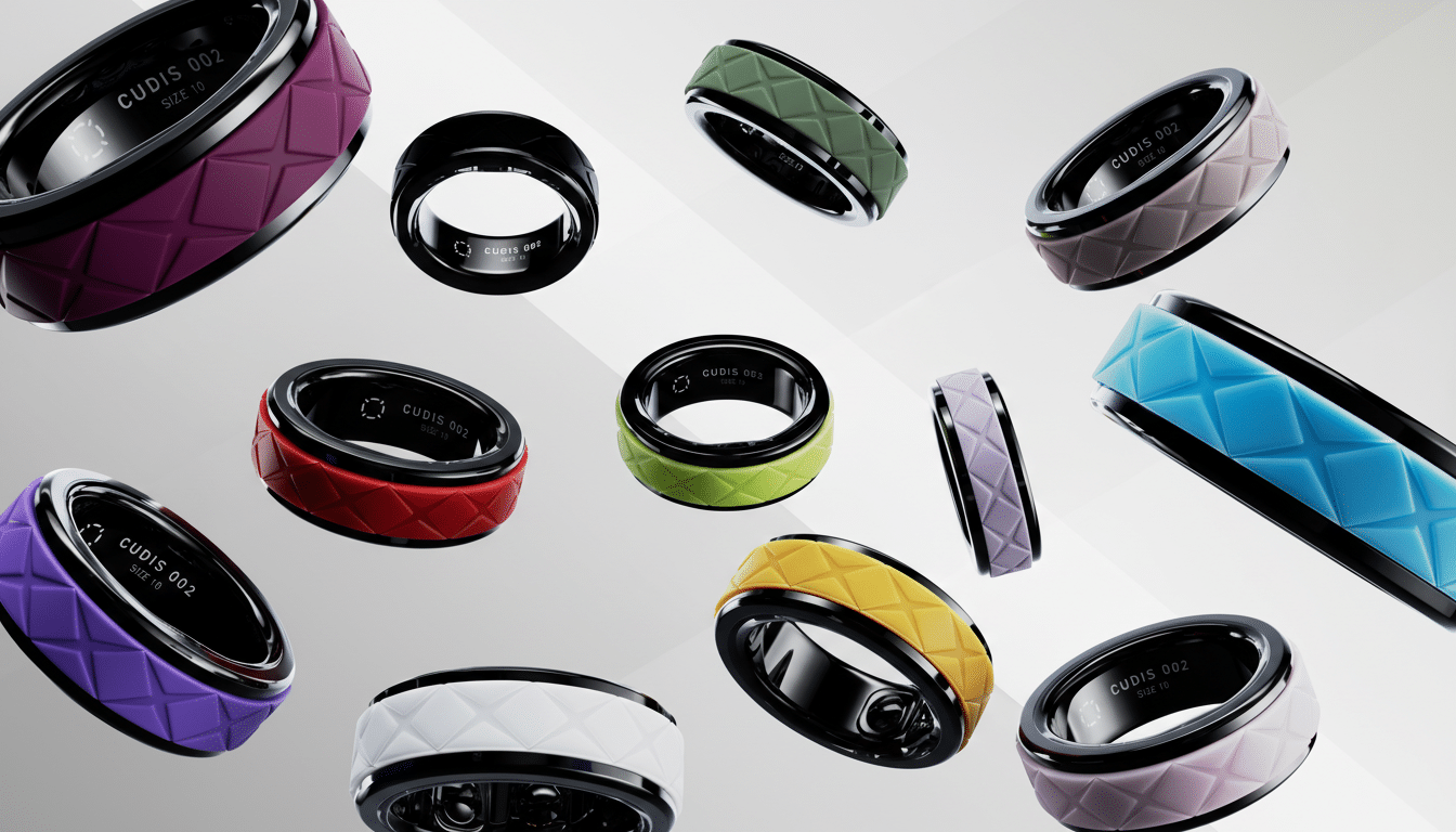 A collection of CUDIS 002 smart rings in various colors, including purple, black, red, white, green, yellow, light blue, and pink, arranged on a professional flat background with soft gradients.