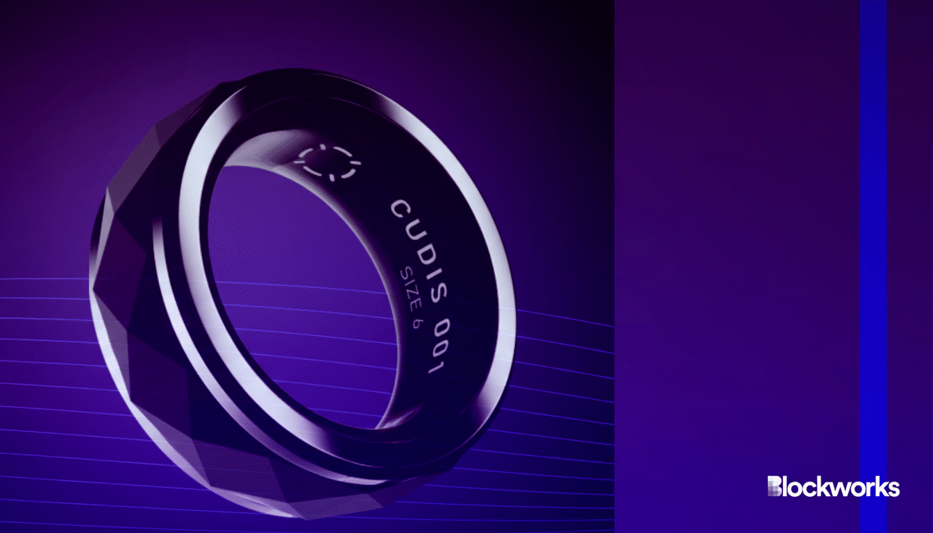A dark, faceted ring with CUDIS 001 SIZE 6 engraved on it, set against a purple background with subtle horizontal lines and the Blockworks logo in the bottom right corner.
