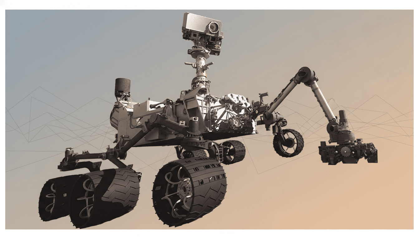 A professional, enhanced image of the Curiosity Mars rover, presented at a 16:9 aspect ratio. The rover is set against a soft gradient background with subtle geometric patterns, maintaining its original appearance and detail.