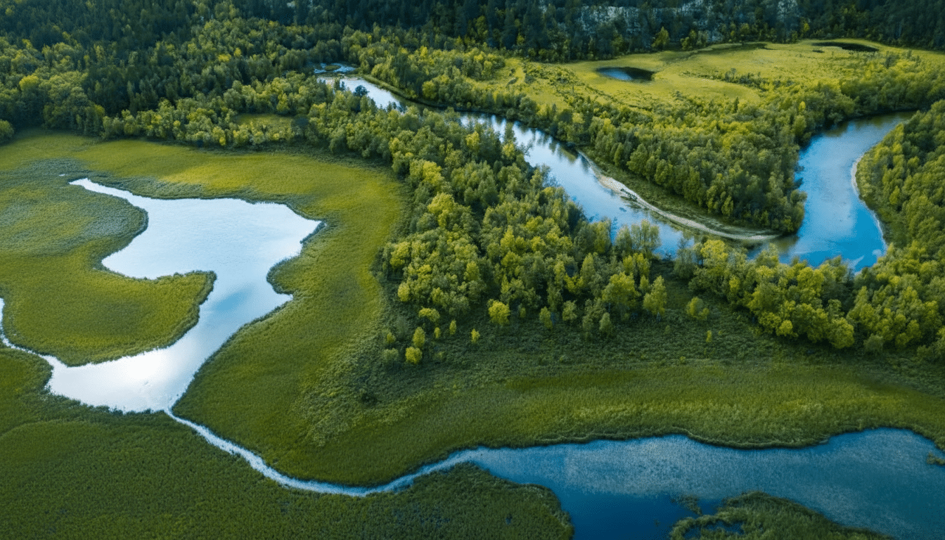 An aerial view of a winding river flowing through a lush green forest and wetlands.