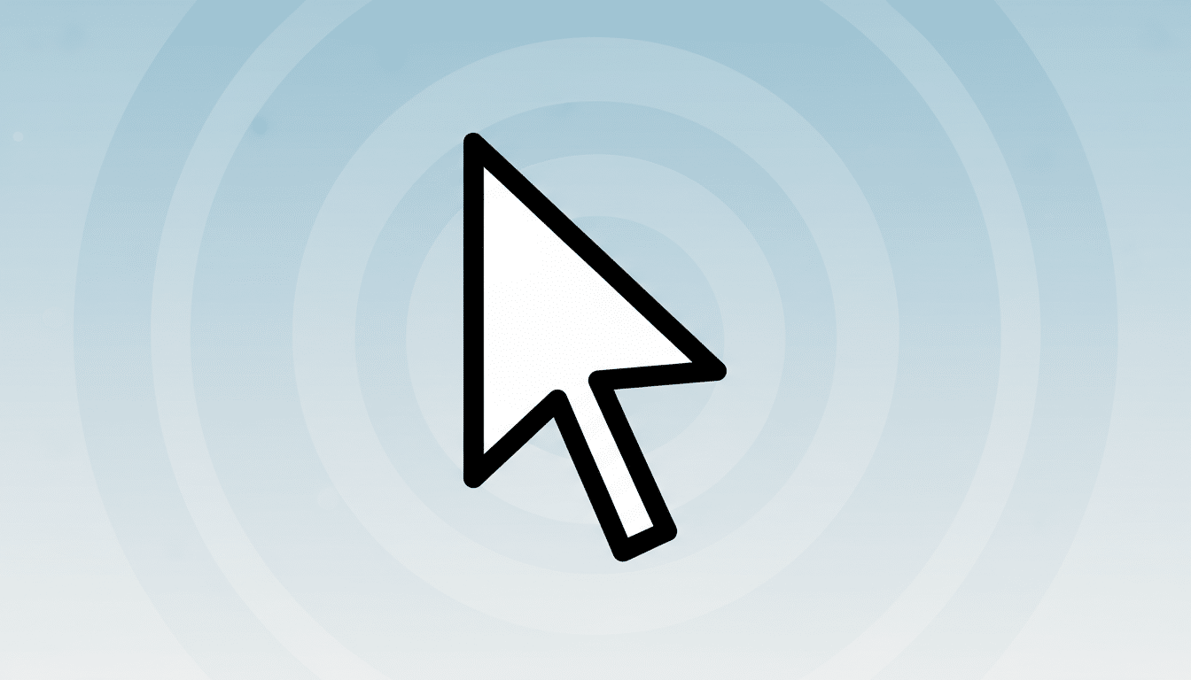 A white mouse cursor icon with a thick black outline, centered on a light blue background with subtle concentric circle patterns.