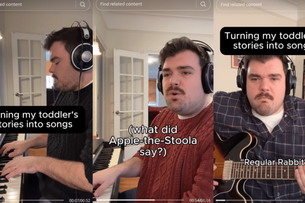 A man with headphones playing a keyboard, singing, and playing a guitar, with text overlays about turning toddler stories into songs.