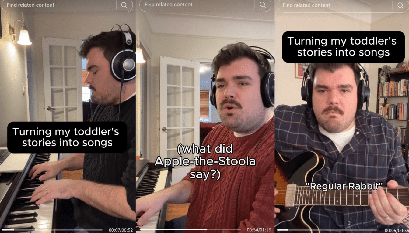 A man with headphones playing a keyboard, singing, and playing a guitar, with text overlays about turning toddler stories into songs.