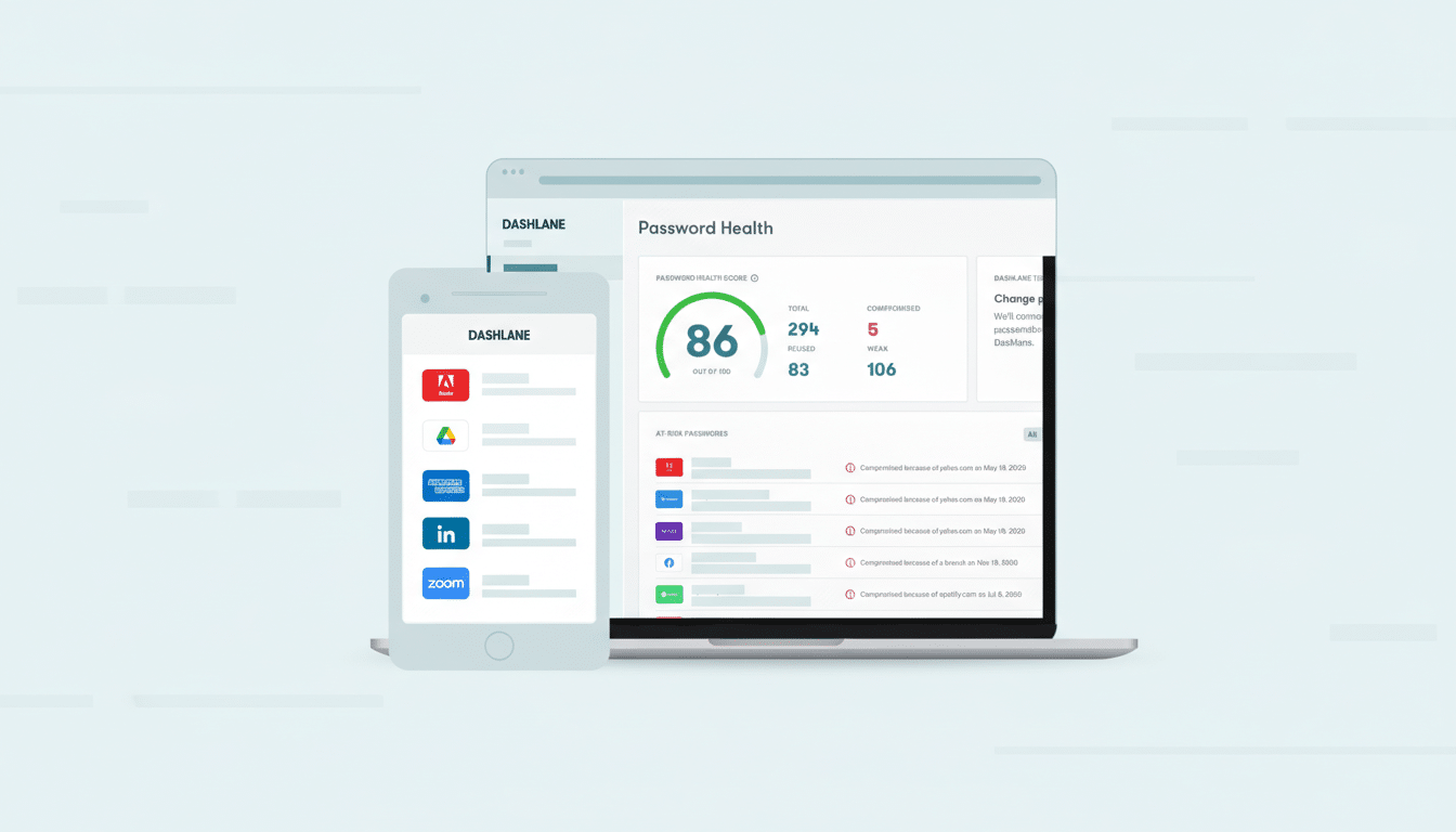 A laptop and a smartphone displaying the Dashlane password management interface. The laptop screen shows a Password Health dashboard with a score of 86 out of 100, indicating 294 total passwords, 83 reused, 5 compromised, and 106 weak. Below this, a list of At-Risk Passwords shows various services like Adobe, American Express, and Zoom with notifications of compromise dates. The smartphone screen shows a list of app icons including Adobe, Google Drive, American Express, LinkedIn, and Zoom, all under the Dashlane branding. The background is a clean, professional flat design with soft patterns.