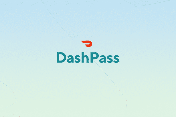 The DashPass logo, featuring a red DoorDash symbol above the word DashPass in teal, presented on a professional 16:9 aspect ratio background with a subtle blue and green gradient and soft geometric patterns.