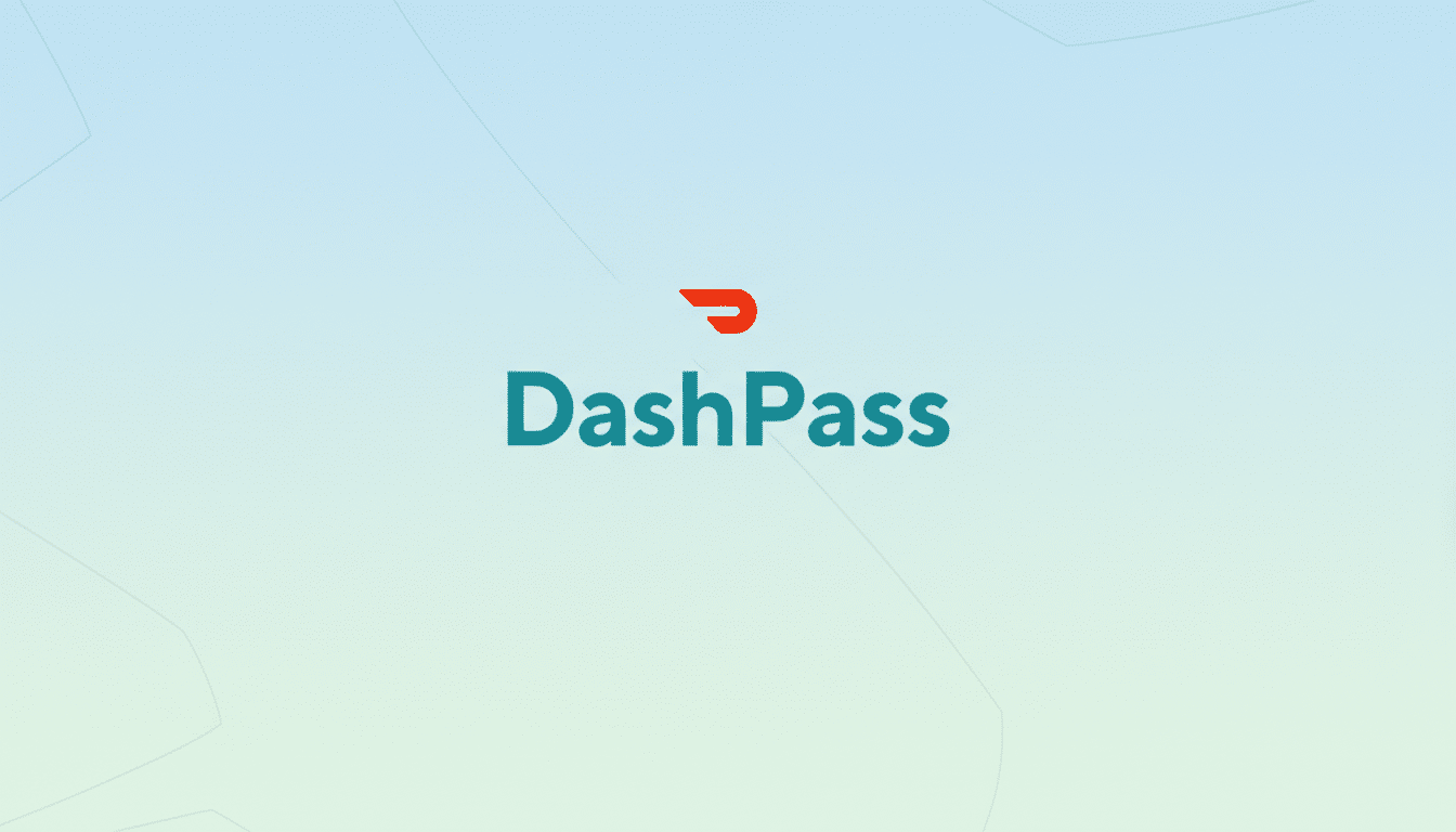 The DashPass logo, featuring a red DoorDash symbol above the word DashPass in teal, presented on a professional 16:9 aspect ratio background with a subtle blue and green gradient and soft geometric patterns.