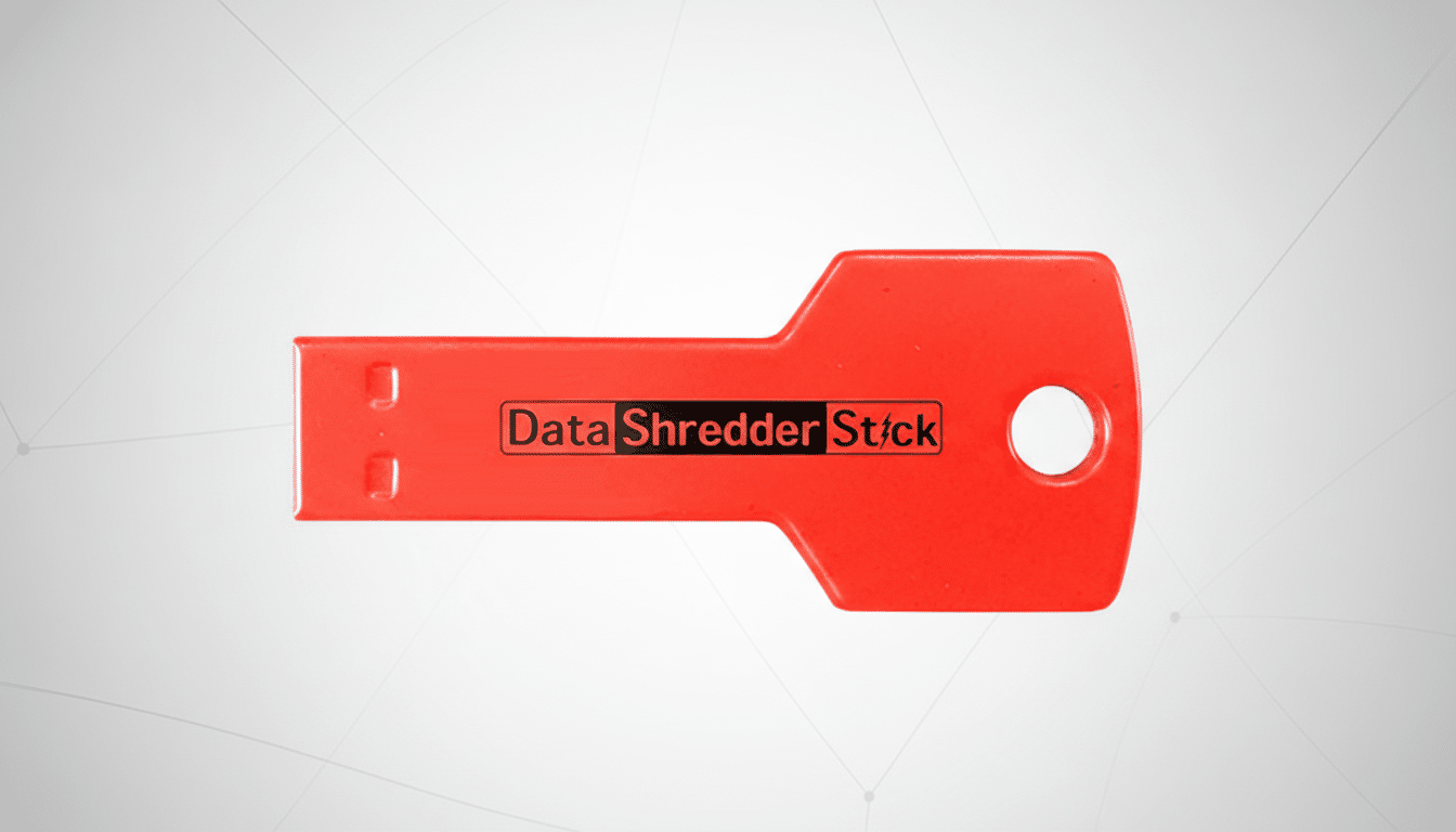 A red Data Shredder Stick USB drive on a professional flat design background with soft patterns.