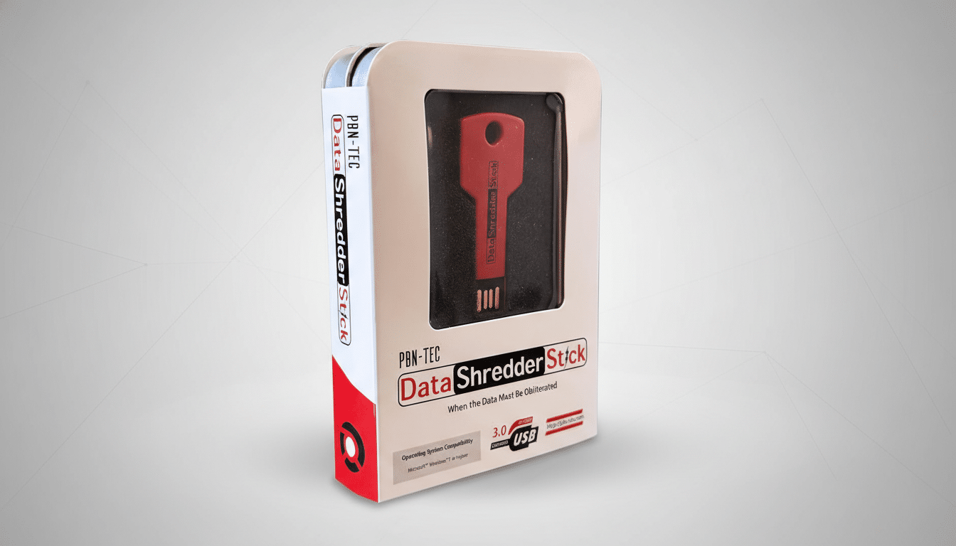 A red PBN-TEC Data Shredder Stick in its white and red retail packaging, presented on a professional flat gray background with a subtle gradient.