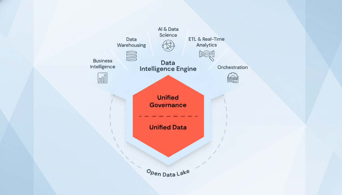 A professional diagram illustrating a Data Intelligence Engine with Unified Governance and Unified Data at its core, surrounded by concepts like Business Intelligence, Data Warehousing, AI & Data Science, ETL & Real-Time Analytics, and Orchestration, all within an Open Data Lake framework.