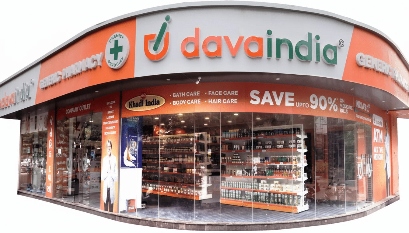 A DavaIndia generic pharmacy storefront with orange and white branding, displaying various products and promotional offers.