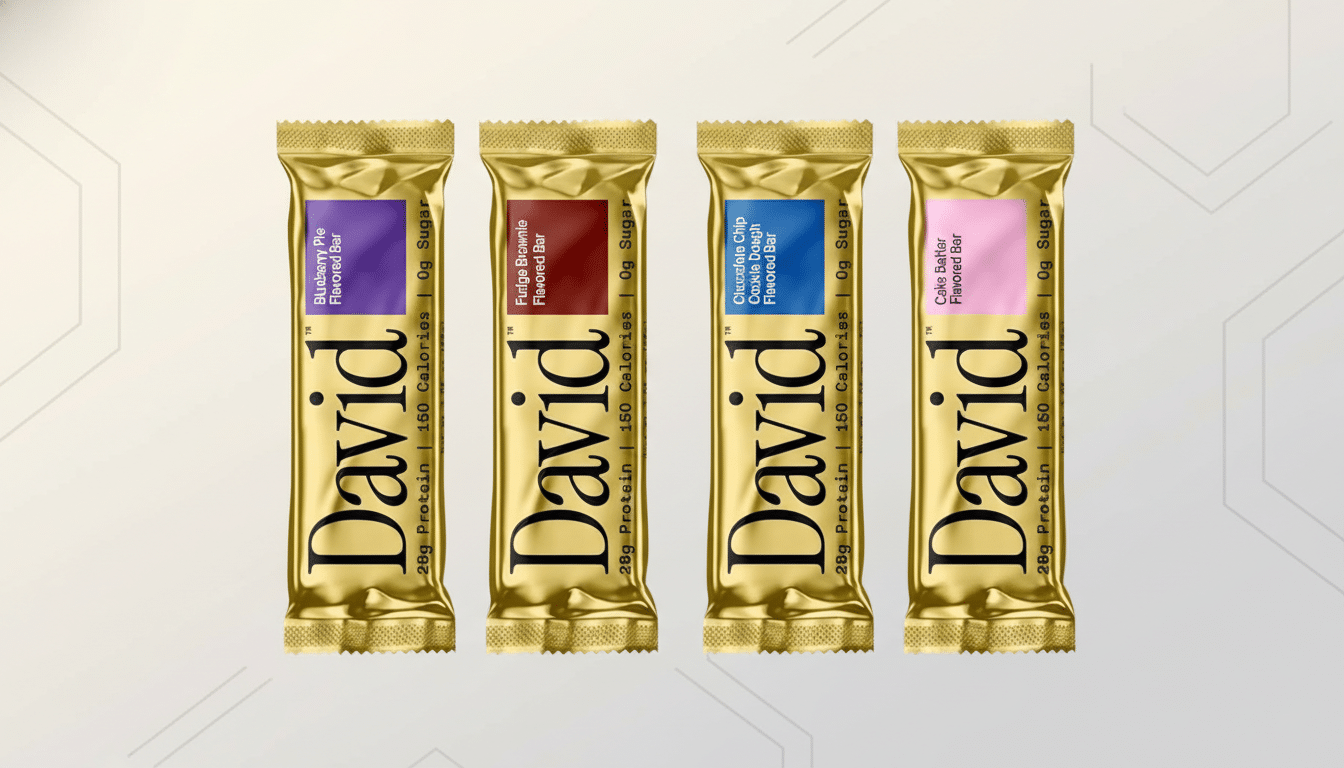 Four David brand protein bars in gold packaging, featuring different flavors: Blueberry Pie, Fudge Brownie, Chocolate Chip Cookie Dough, and Cake Batter. The bars are arranged side-by-side against a professional flat design background with soft patterns.