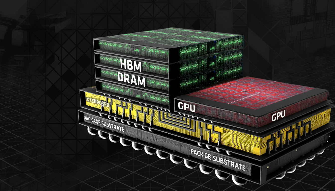 A detailed diagram of a GPU with HBM DRAM, interposer, and package substrate layers.