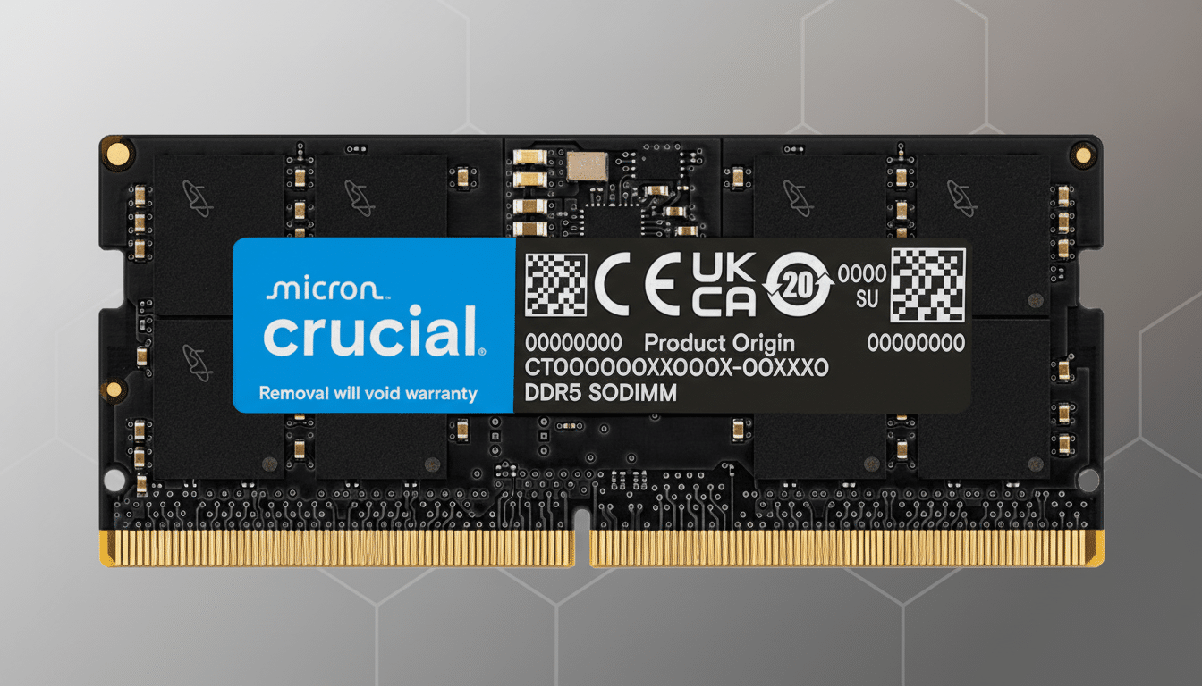 A Crucial DDR5 SODIMM RAM module with a blue and black label, set against a professional gray background with a subtle hexagonal pattern.