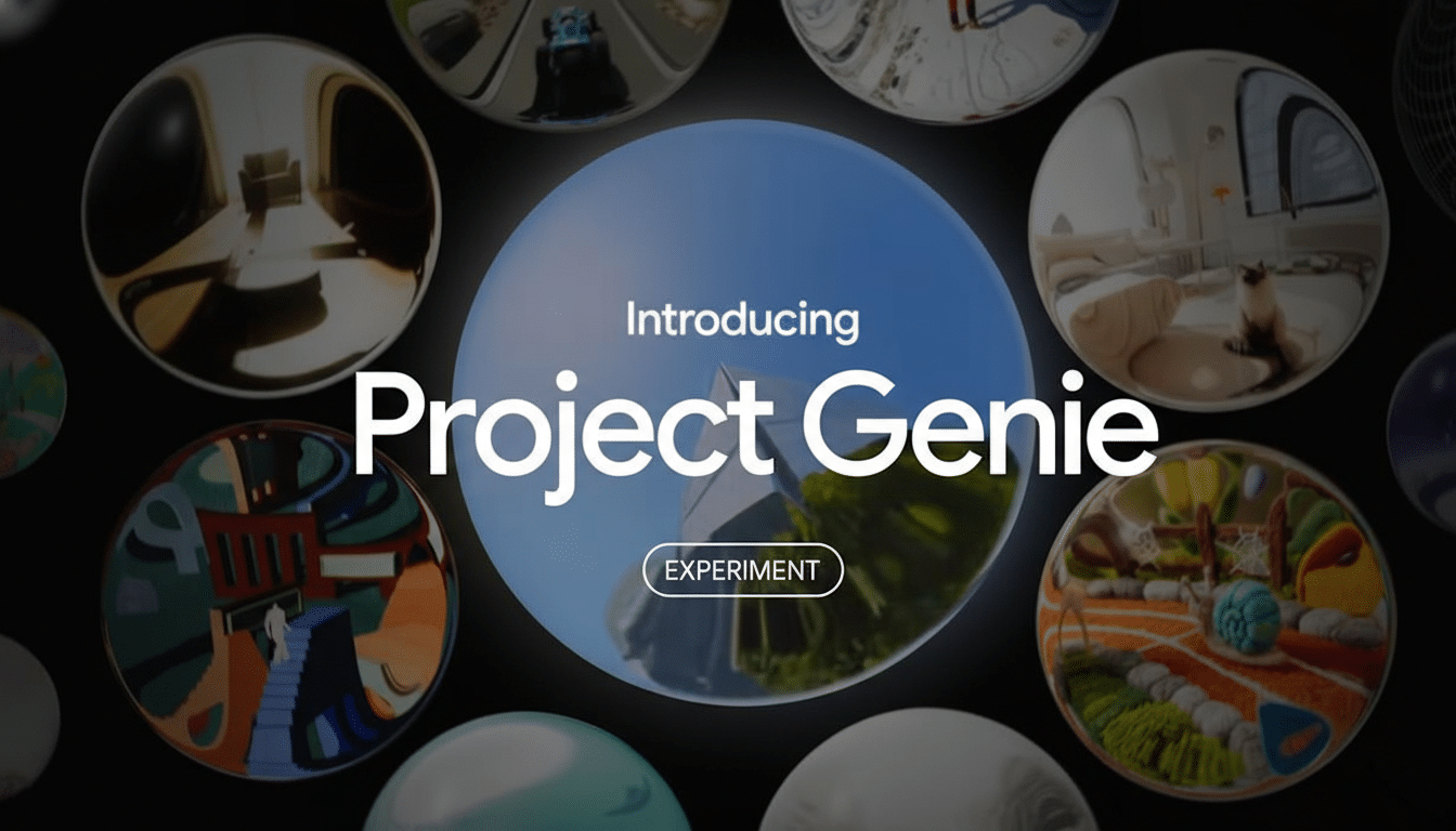A dark background with a central blue sphere displaying Introducing Project Genie Experiment in white text. Surrounding the central sphere are multiple smaller, reflective spheres, each containing different distorted scenes, including interiors, landscapes, and abstract designs.