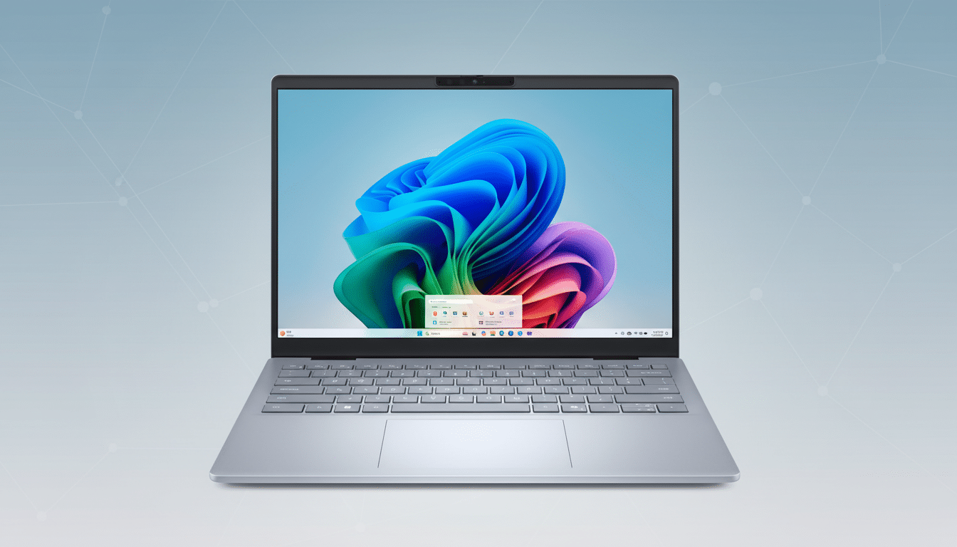 A silver laptop with a colorful abstract wallpaper on the screen, set against a professional light blue background with subtle geometric patterns.