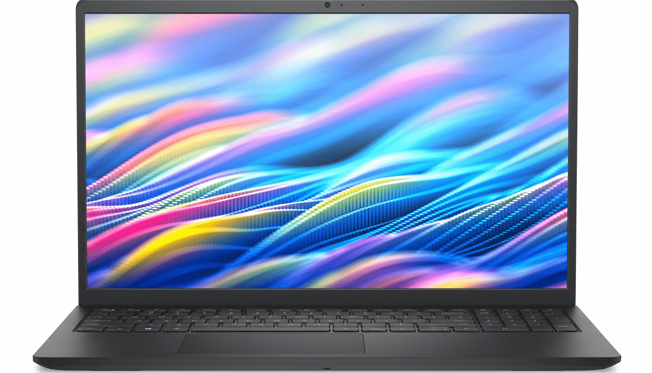 A black laptop with a colorful, abstract waveform wallpaper on its screen, presented against a clean white background.