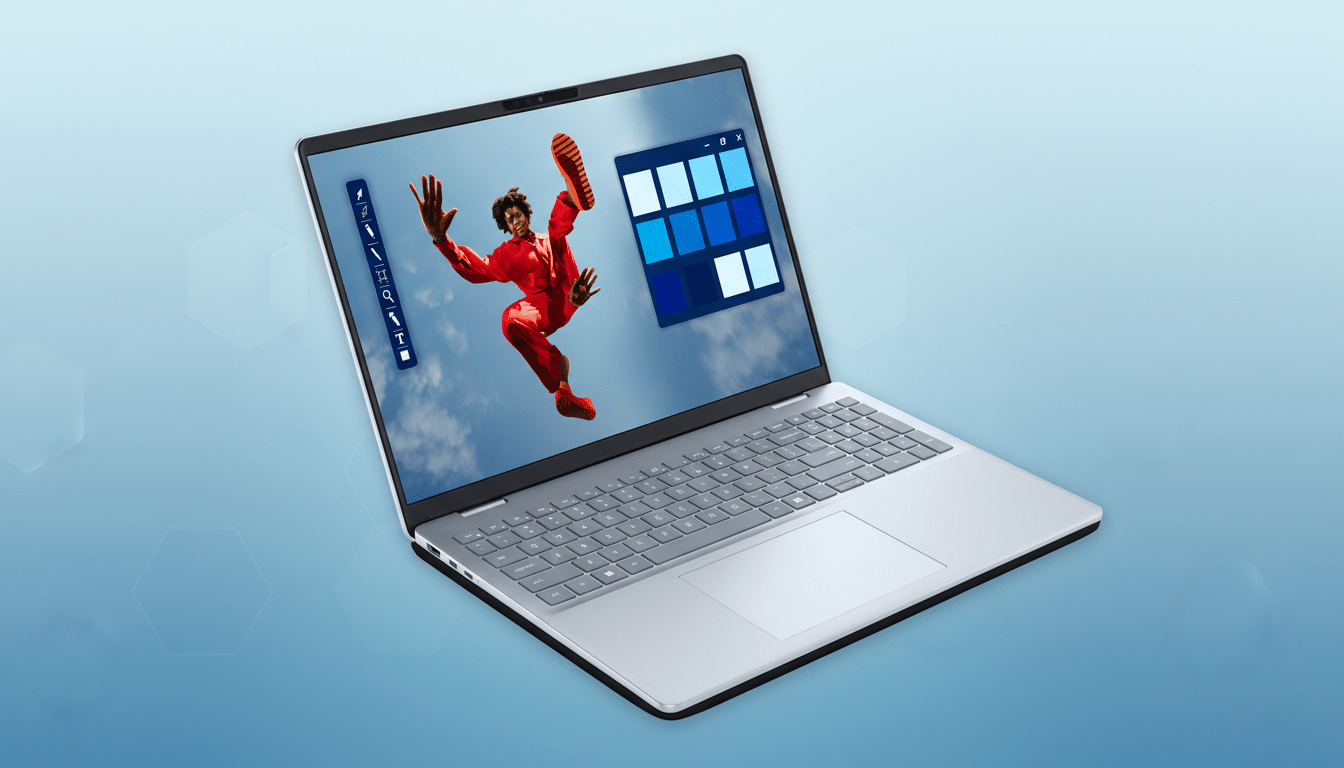 A silver laptop displaying an image of a person jumping against a blue sky, with a color palette and editing tools on the screen. The laptop is set against a professional blue background with subtle hexagonal patterns.