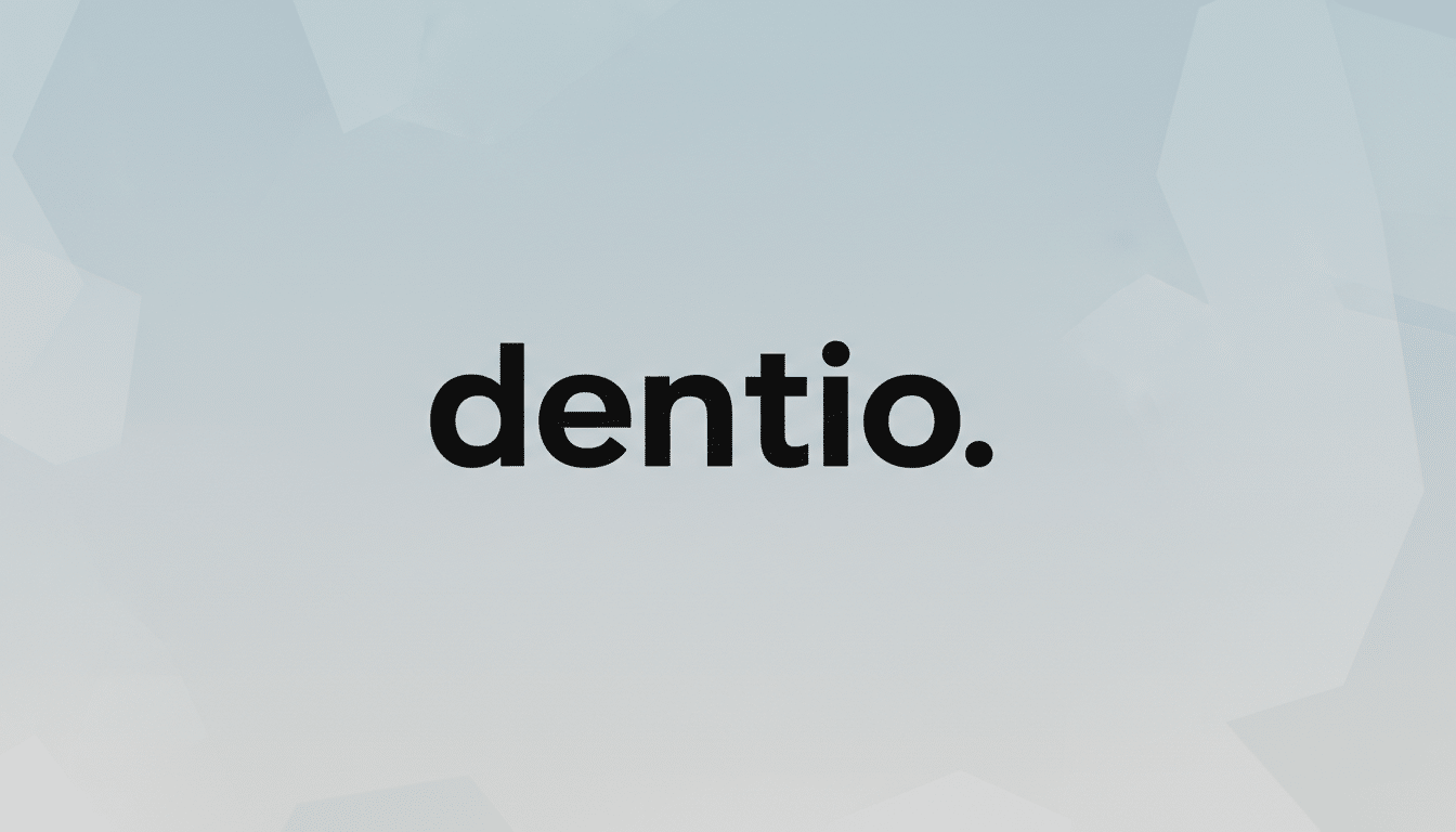 The Dentio logo, featuring the word dentio. in black lowercase letters with a period at the finish, centered on a professional light gray background with subtle geometric patterns.
