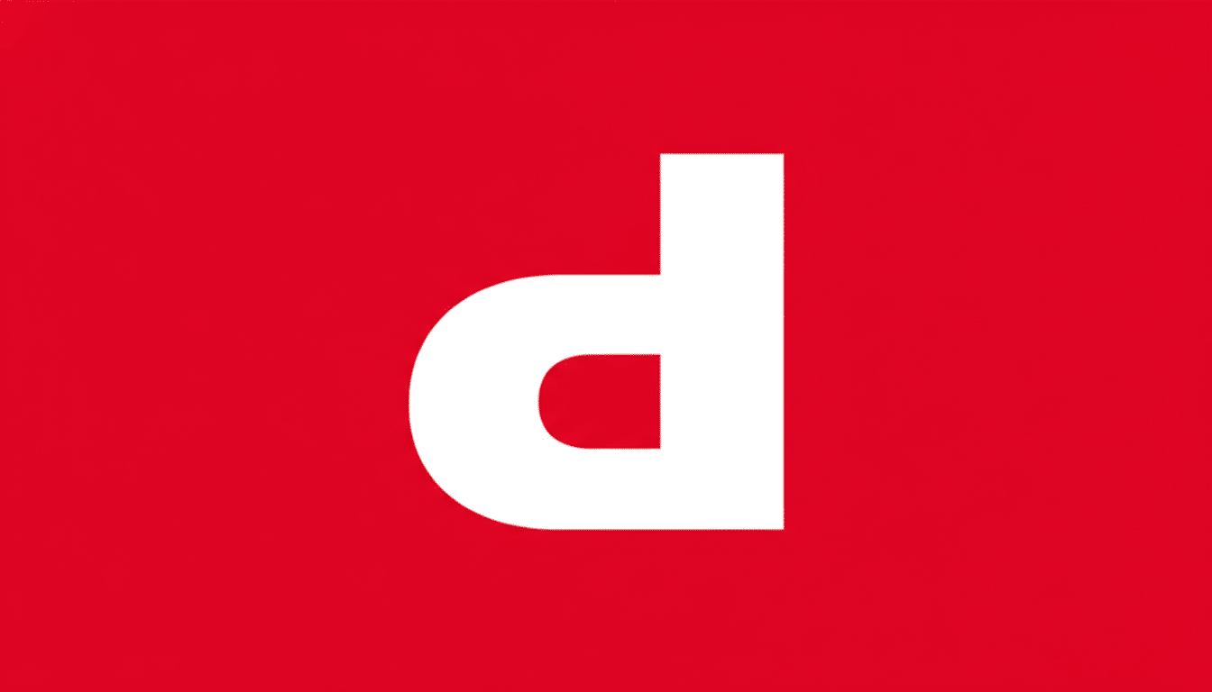 A white lowercase d on a solid red background, resized to a 16:9 aspect ratio.